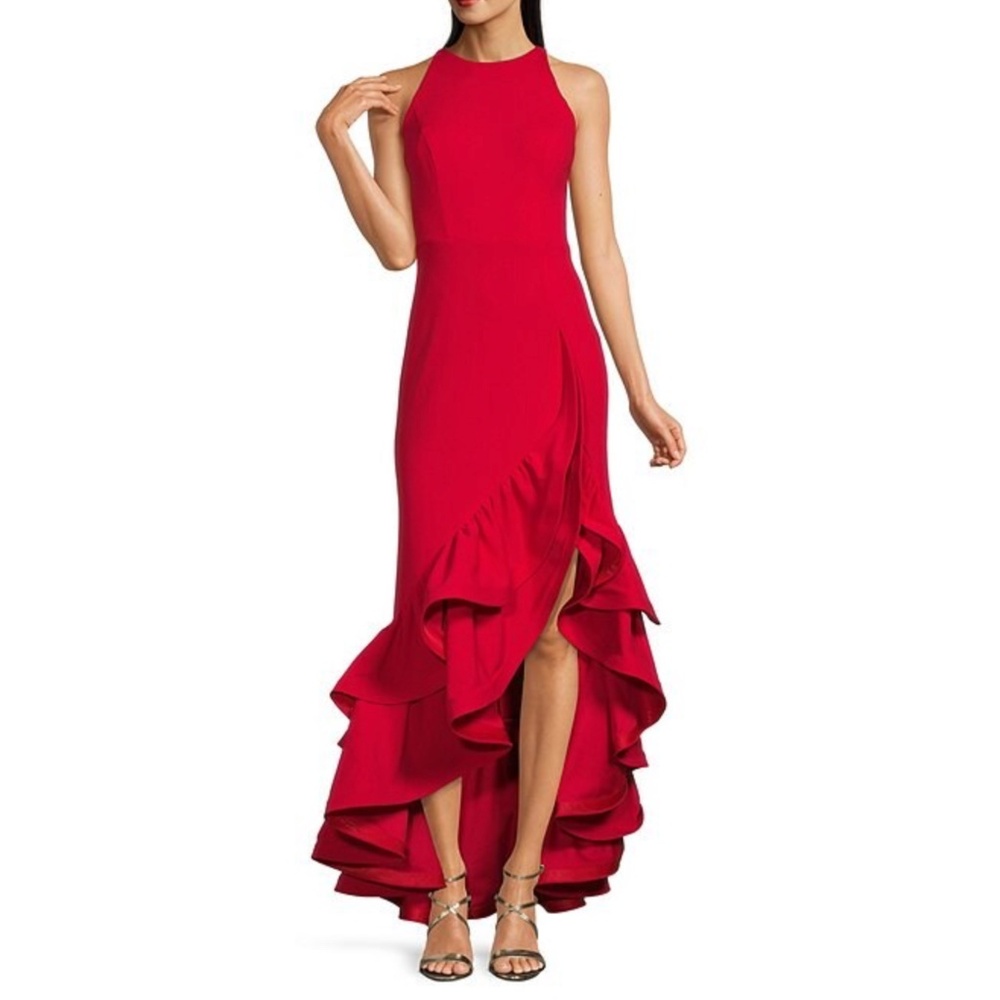 Betsy & Adam Arielle Scuba Crepe Ruffle Slit Gown